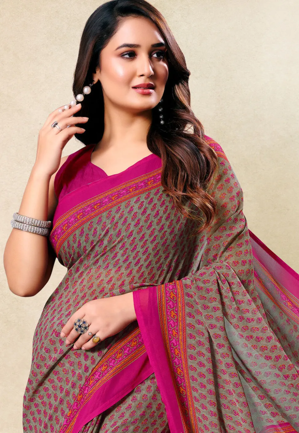 Digital Printed Georgette Saree in Light Grey