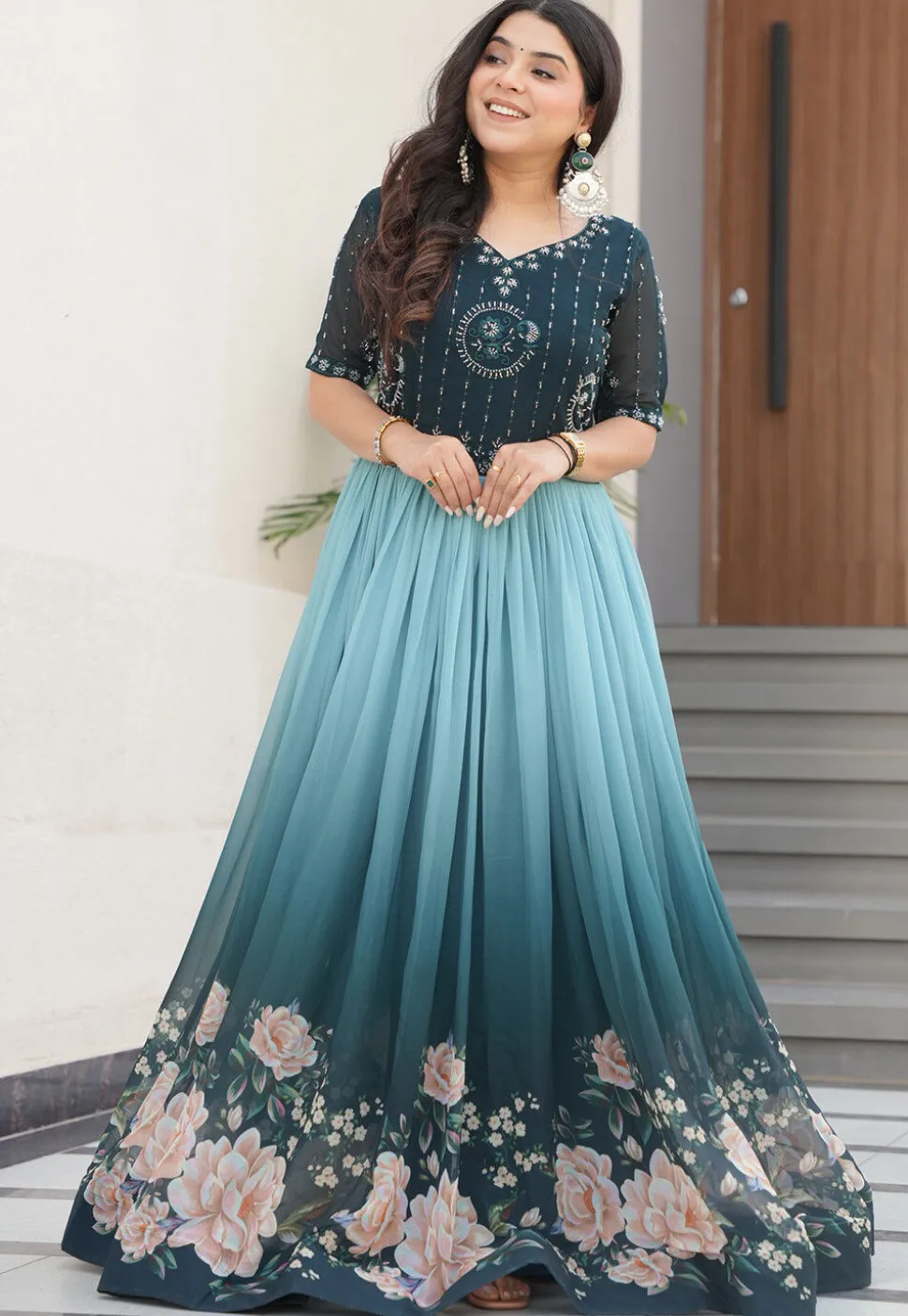Digital Printed Georgette Gown in Teal Green