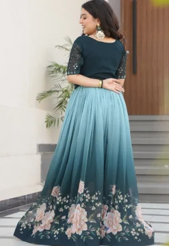 Digital Printed Georgette Gown in Teal Green