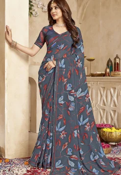 Digital Printed Georgette Saree in Grey