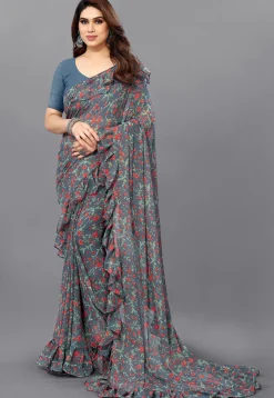 Digital Printed Georgette Saree in Grey