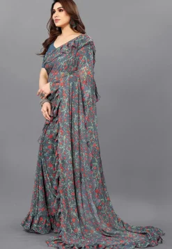 Digital Printed Georgette Saree in Grey
