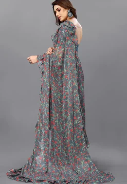 Digital Printed Georgette Saree in Grey
