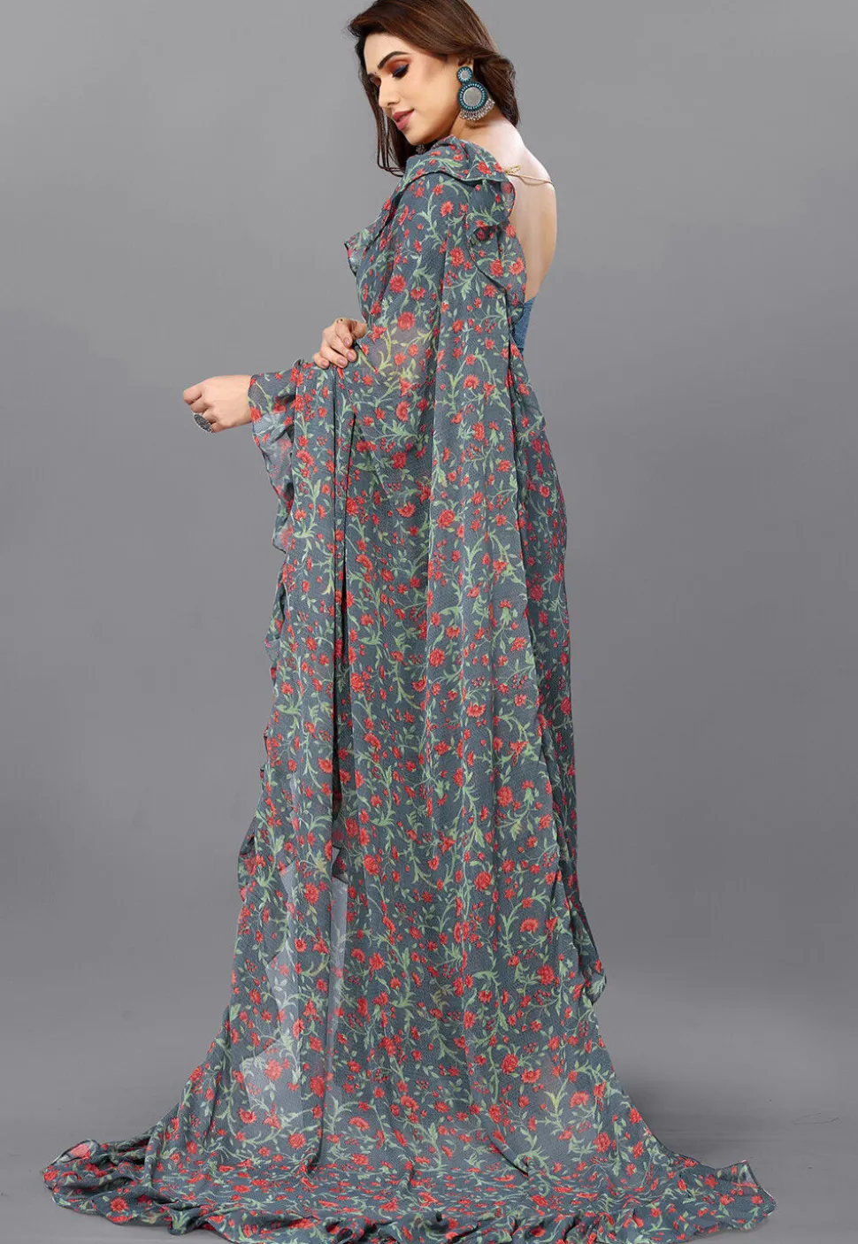 Digital Printed Georgette Saree in Grey