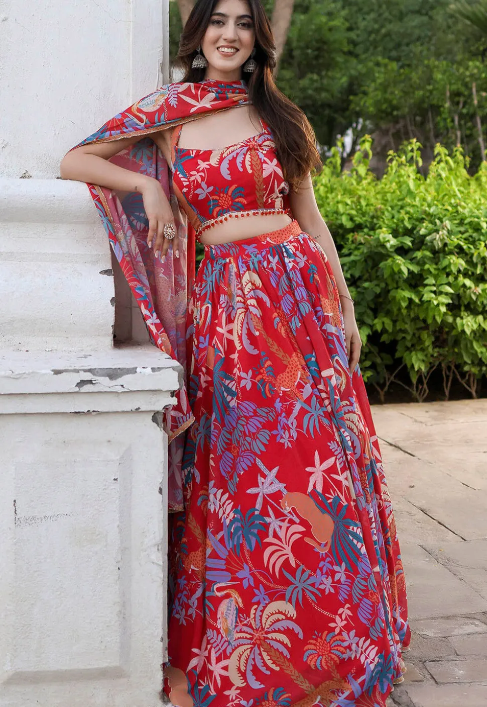 Digital Printed Georgette Lehenga in Red