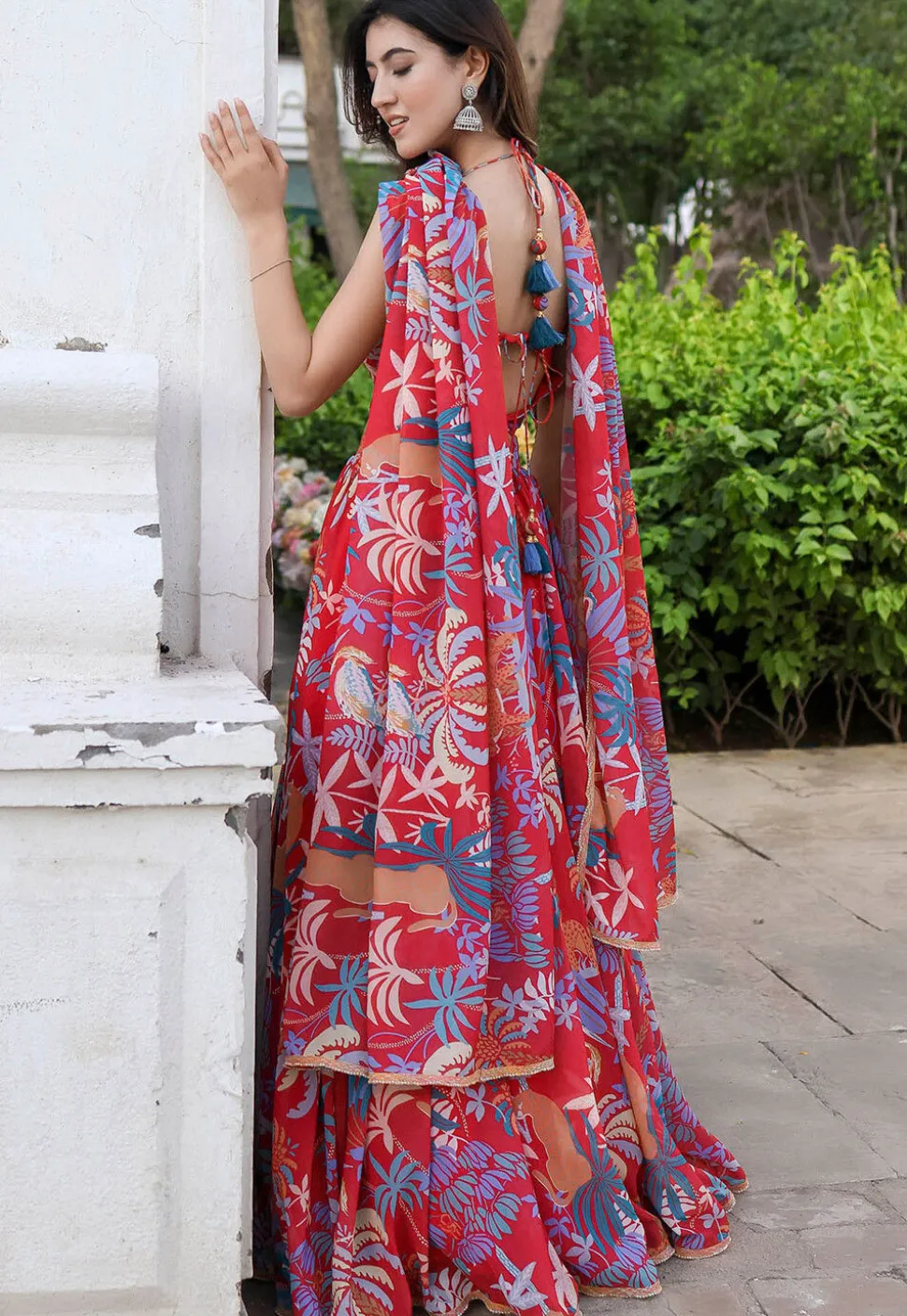 Digital Printed Georgette Lehenga in Red