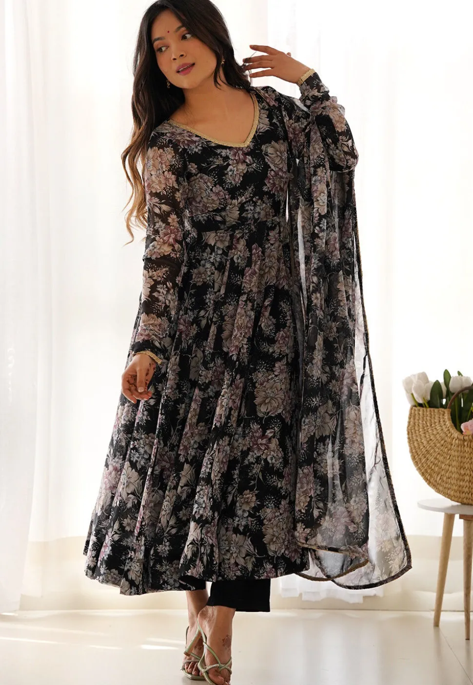 Digital Printed Georgette A Line Suit in Black
