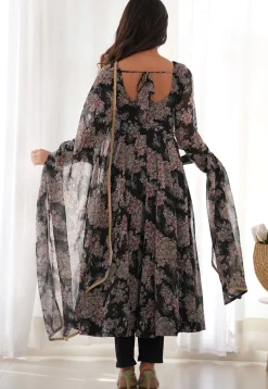 Digital Printed Georgette A Line Suit in Black