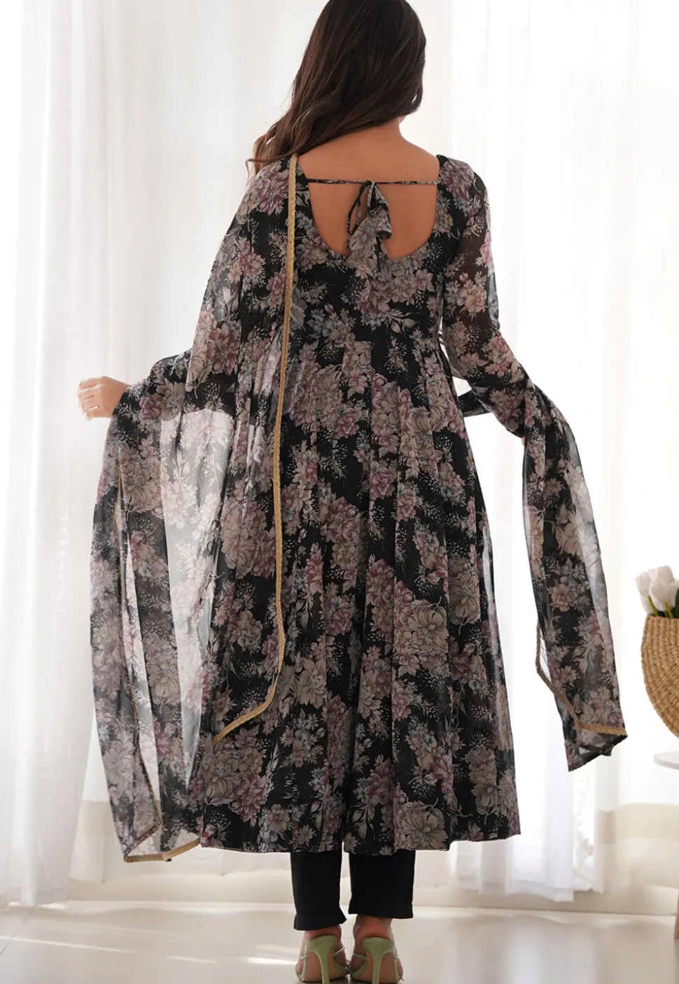 Digital Printed Georgette A Line Suit in Black