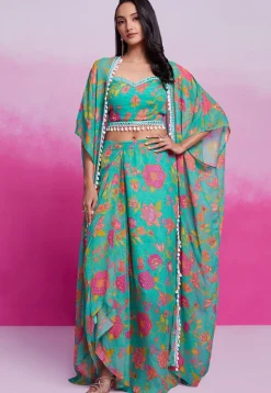 Digital Printed Georgette Co Ord Set in Teal Green