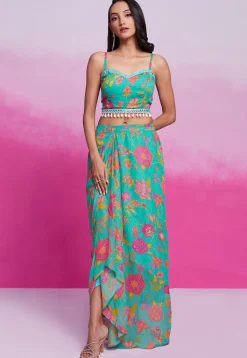 Digital Printed Georgette Co Ord Set in Teal Green