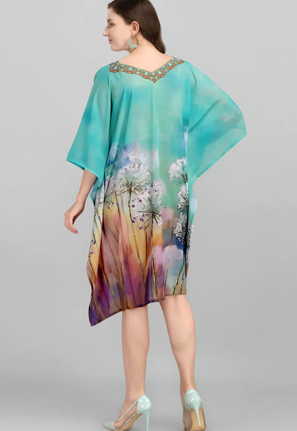 Digital Printed Georgette Kaftan in Blue and Multicolor
