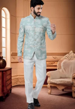 Digital Printed Handloom Cotton Jodhpuri Suit in Light Blue