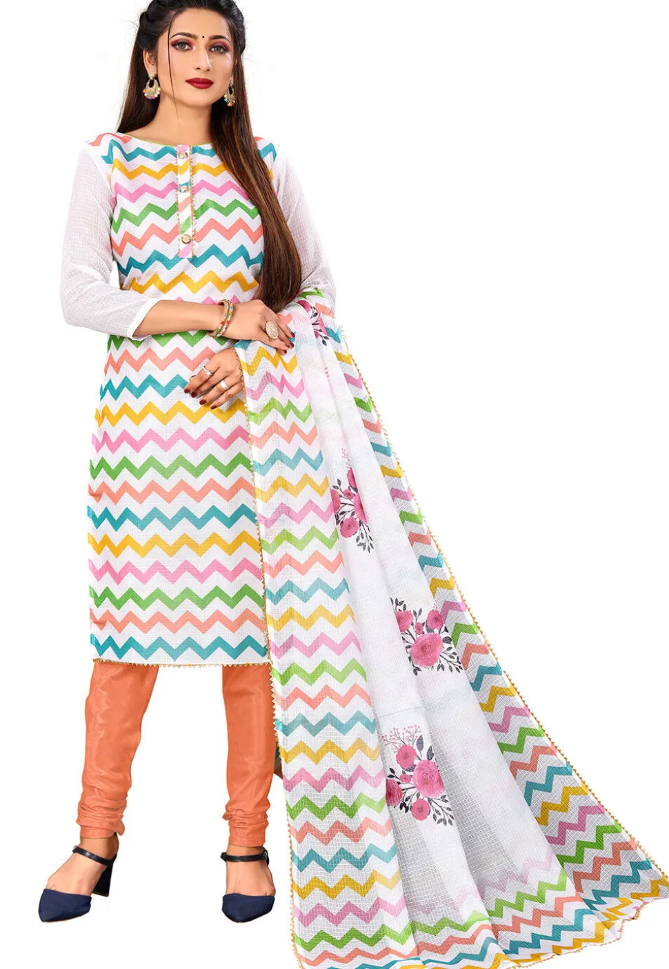 Digital Printed Kota Doria Straight Suit in Off White