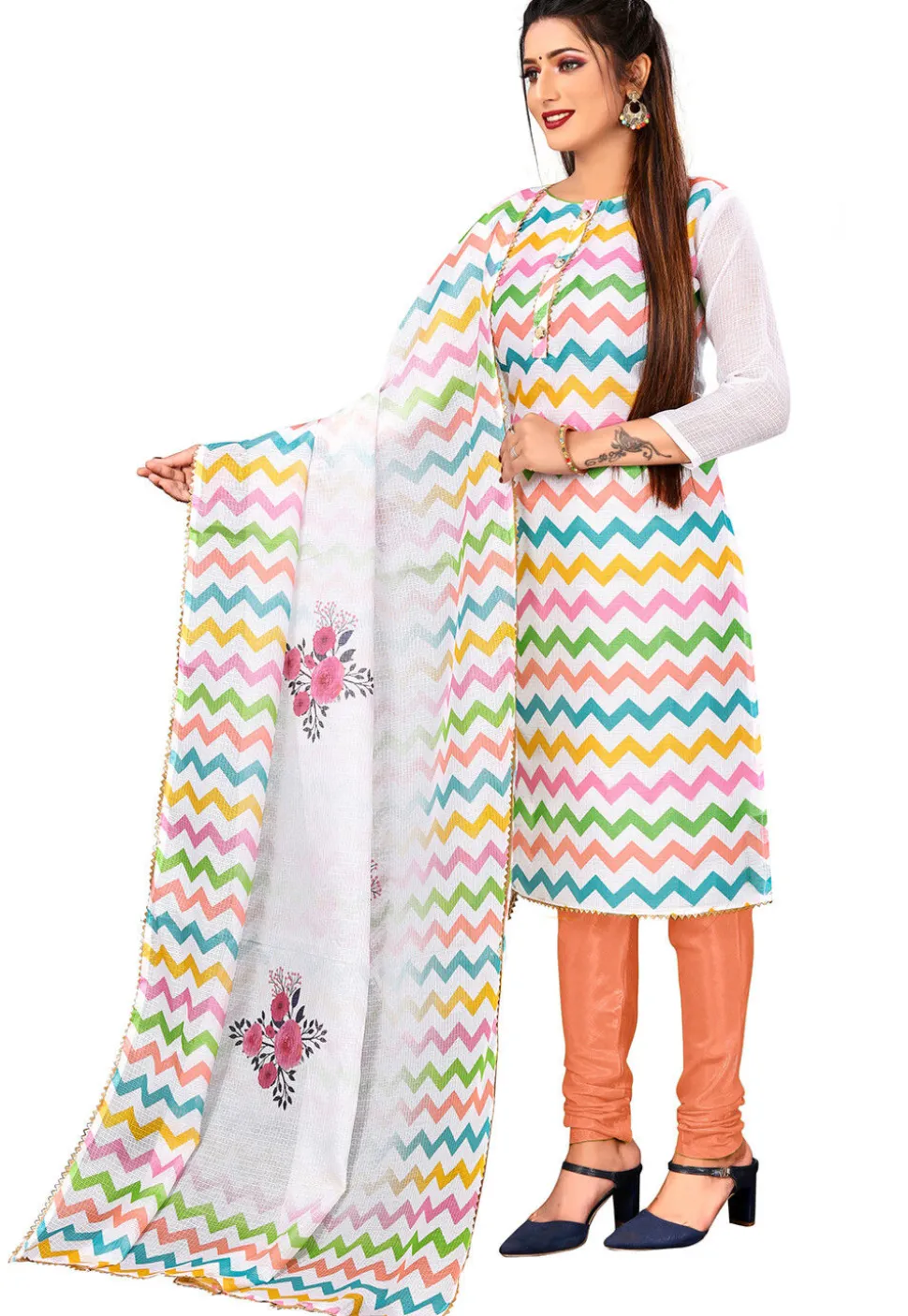 Digital Printed Kota Doria Straight Suit in Off White