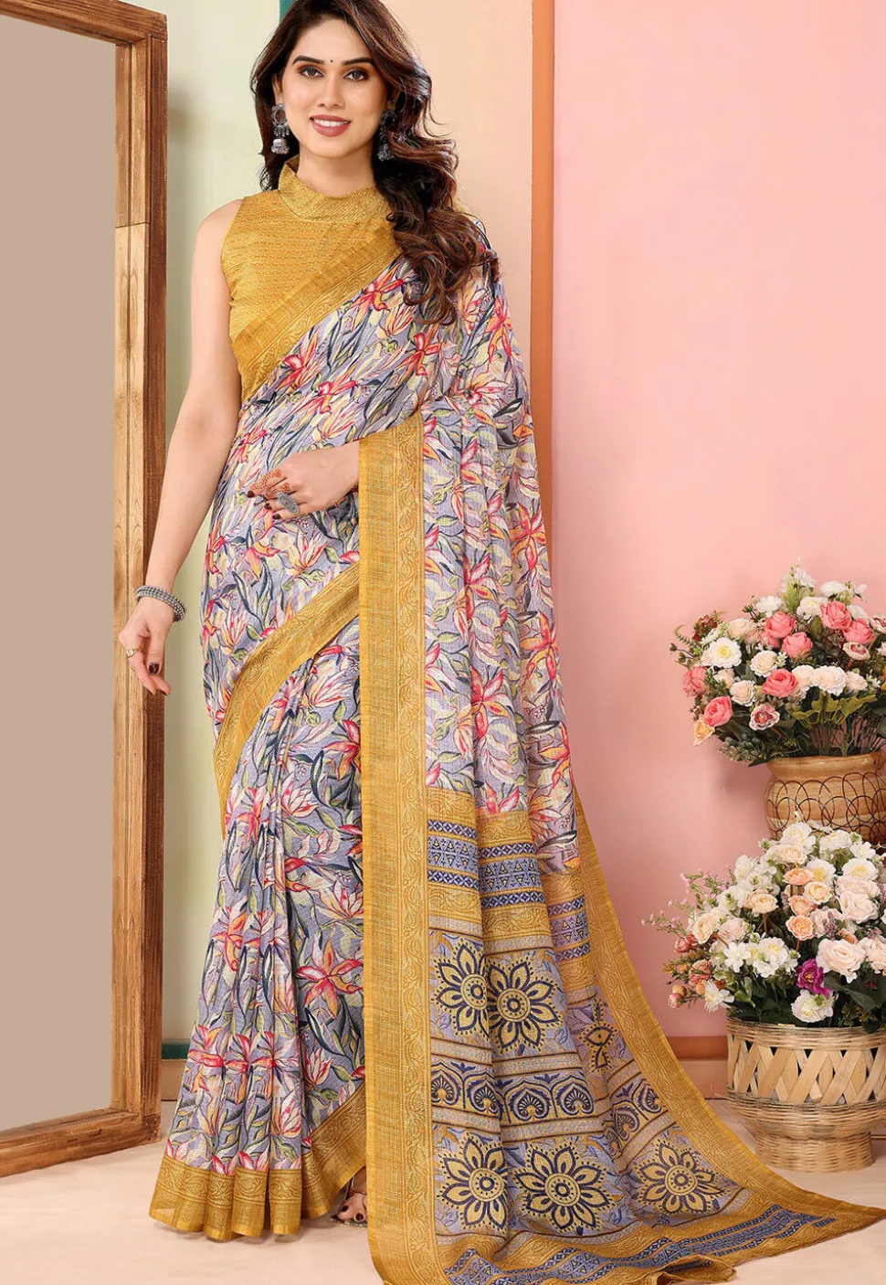 Digital Printed Kota Doriya Saree in Grey