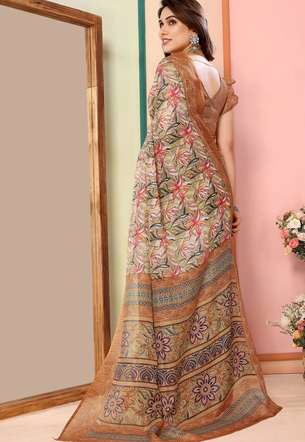 Digital Printed Kota Doriya Saree in Olive Green