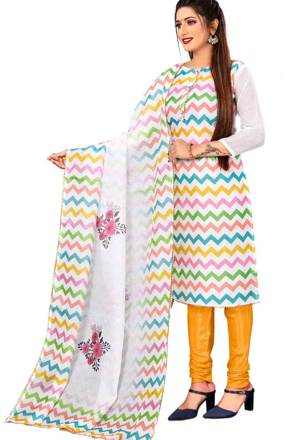 Digital Printed Kota Doria Straight Suit in Off White