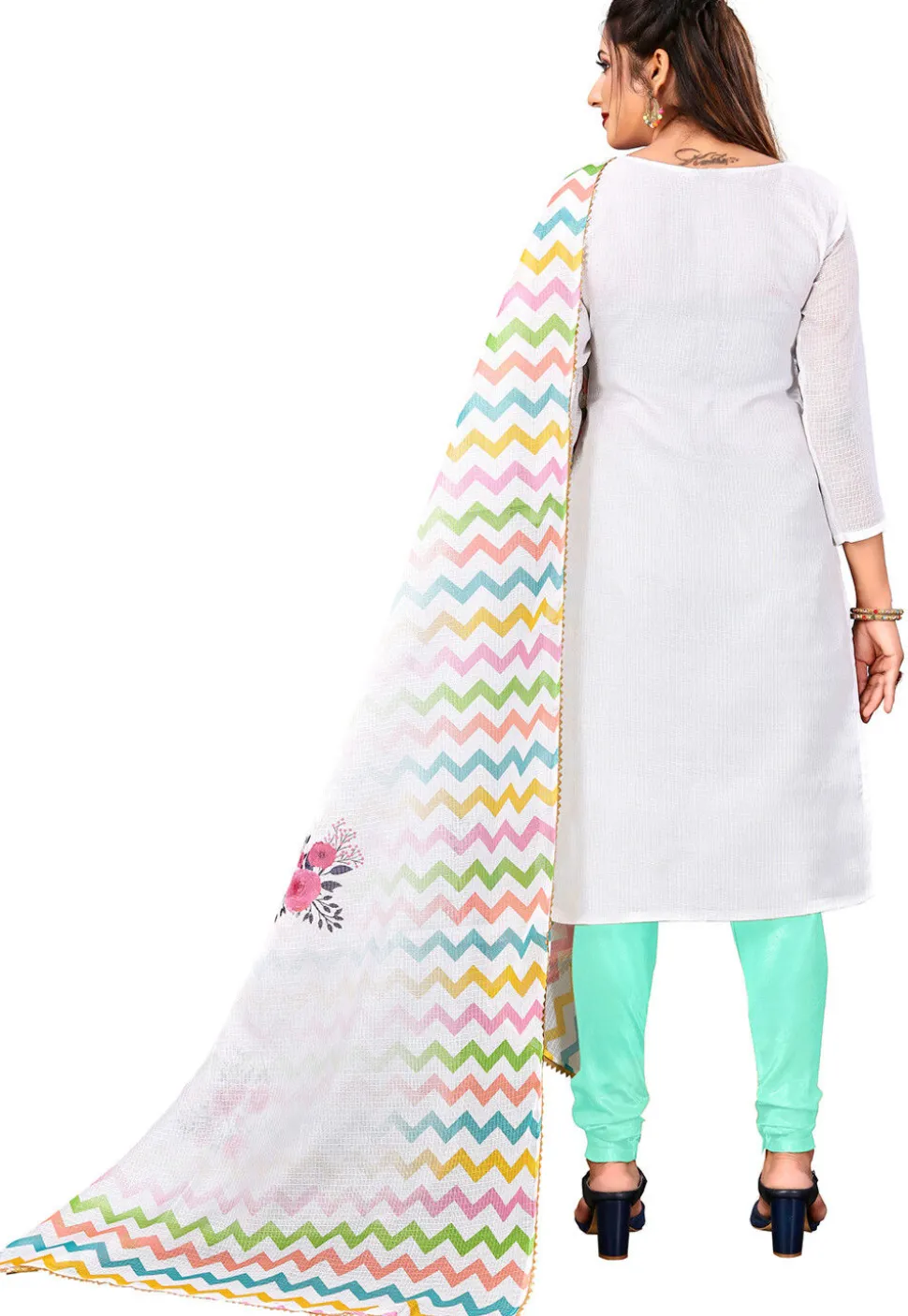 Digital Printed Kota Doria Straight Suit in Off White