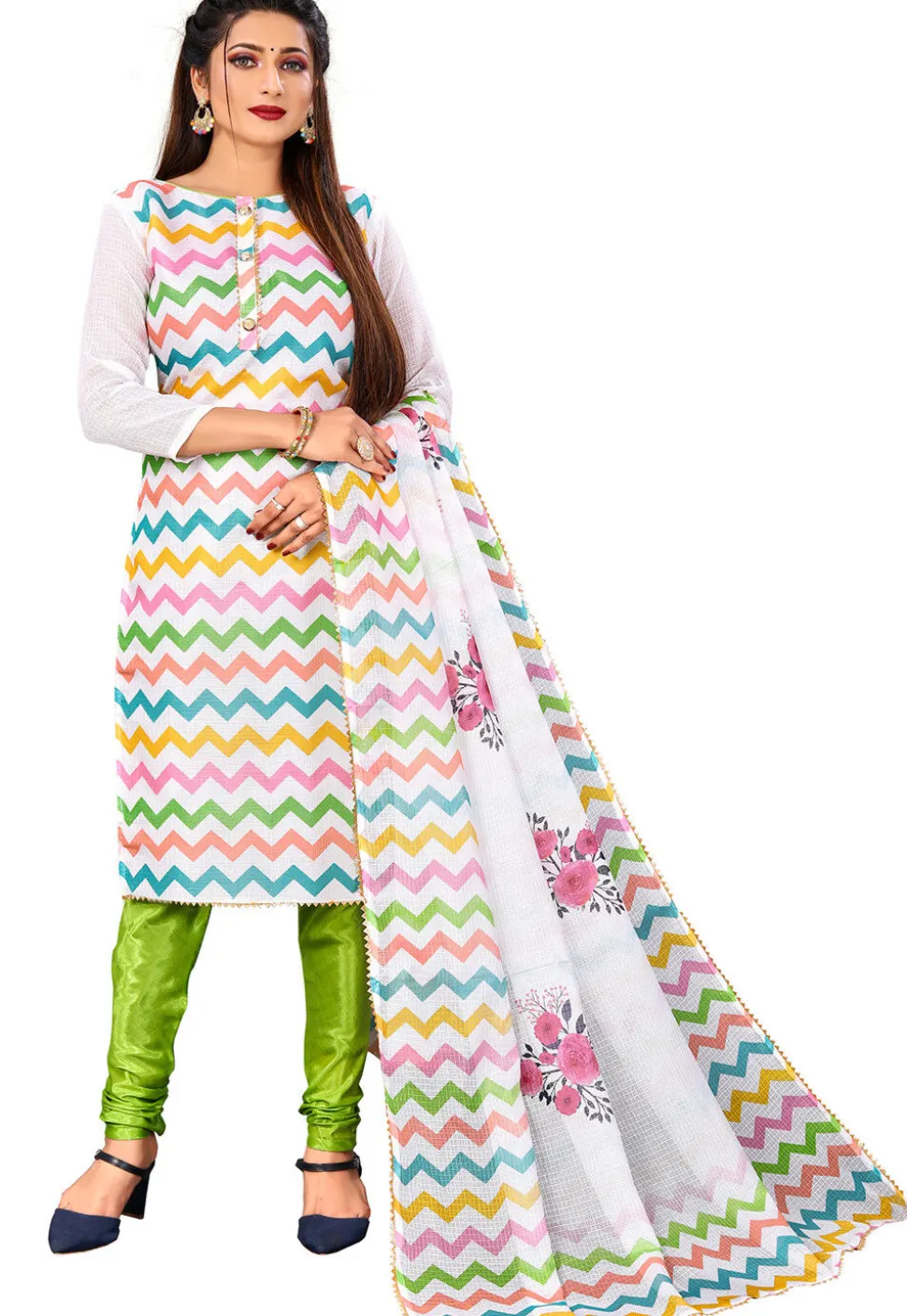 Digital Printed Kota Doria Straight Suit in Off White