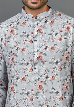 Digital Printed Linen Kurta in Light Grey