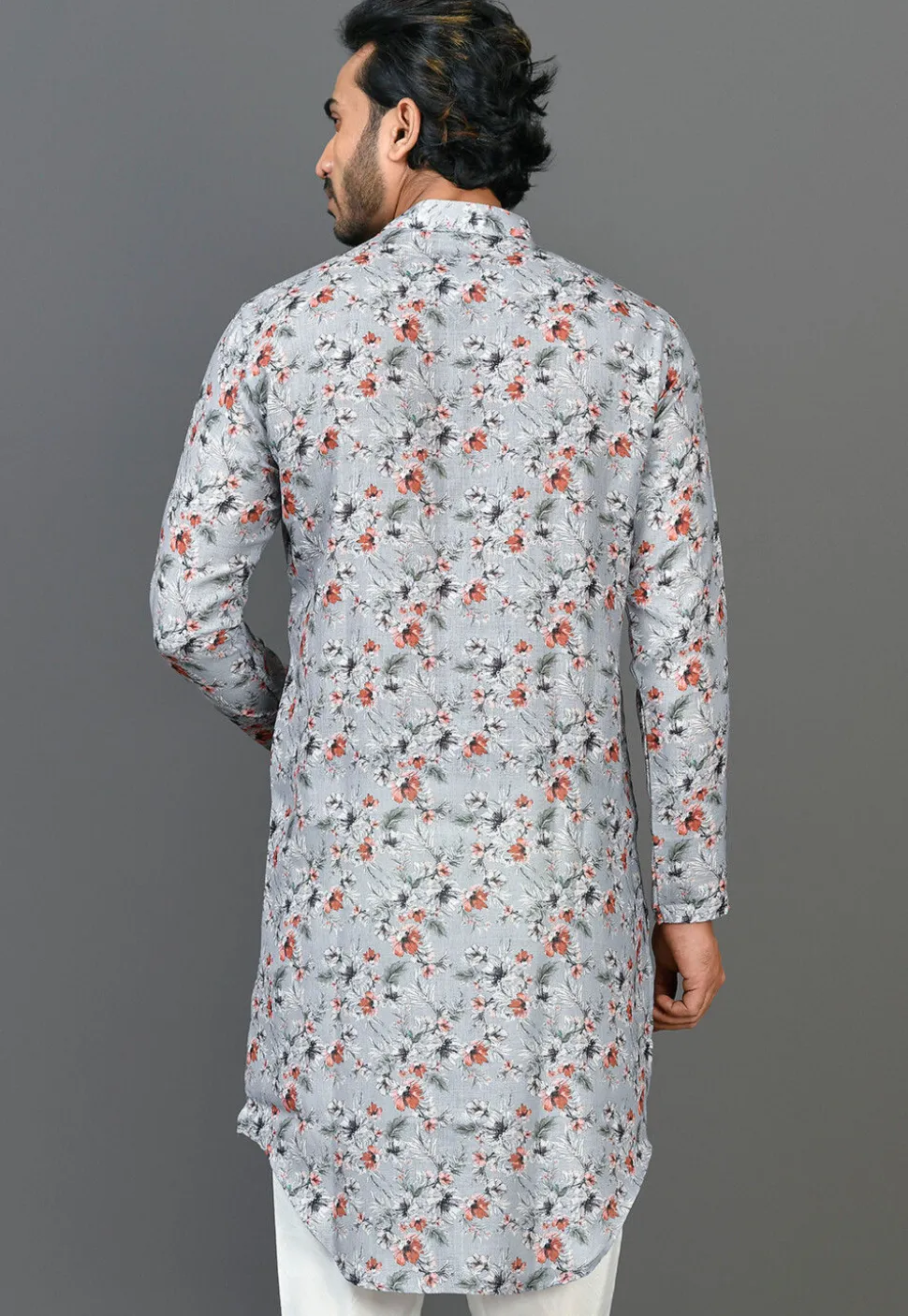 Digital Printed Linen Kurta in Light Grey