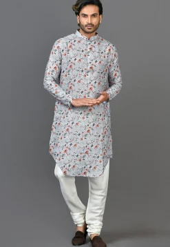 Digital Printed Linen Kurta in Light Grey