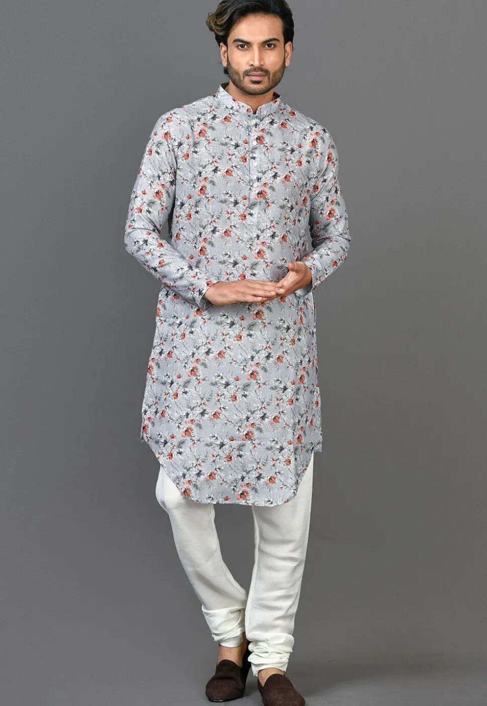 Digital Printed Linen Kurta in Light Grey