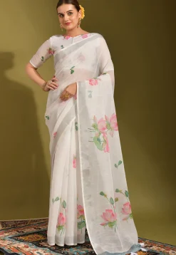 Digital Printed Linen Saree in Off White