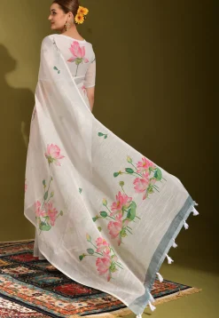 Digital Printed Linen Saree in Off White