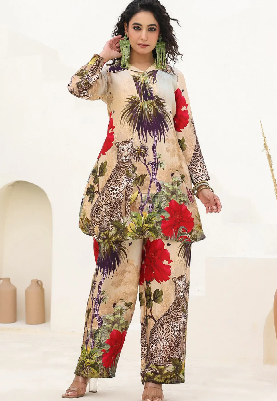 Digital Printed Linen Satin Tunic Set in Beige