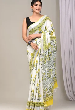 Digital Printed Linen Silk Saree in Off White