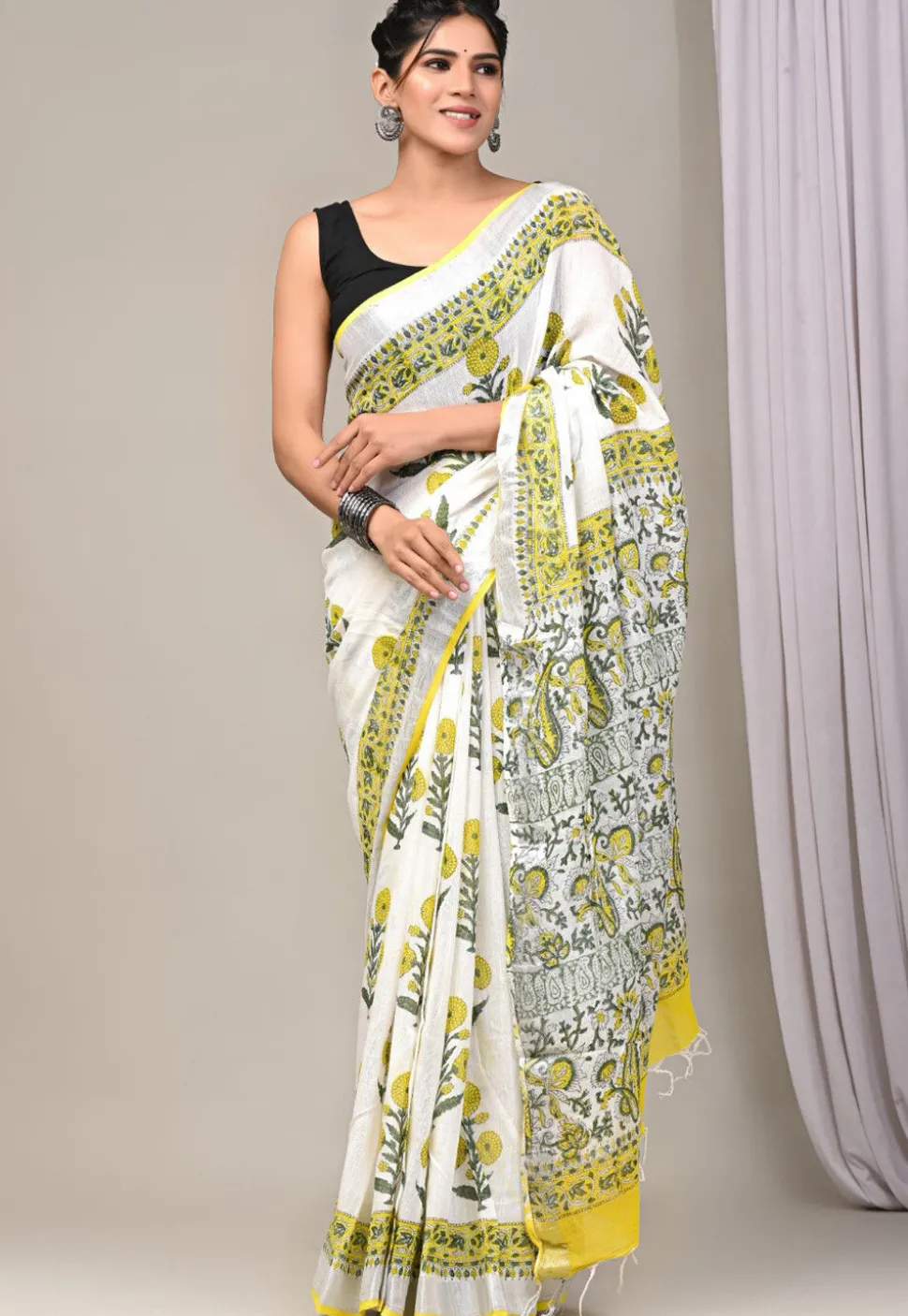 Digital Printed Linen Silk Saree in Off White