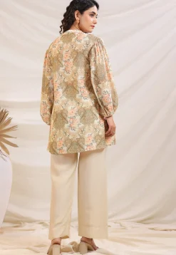 Digital Printed Linen Silk Top Set in Off White