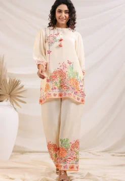 Digital Printed Linen Silk Top Set in Off White