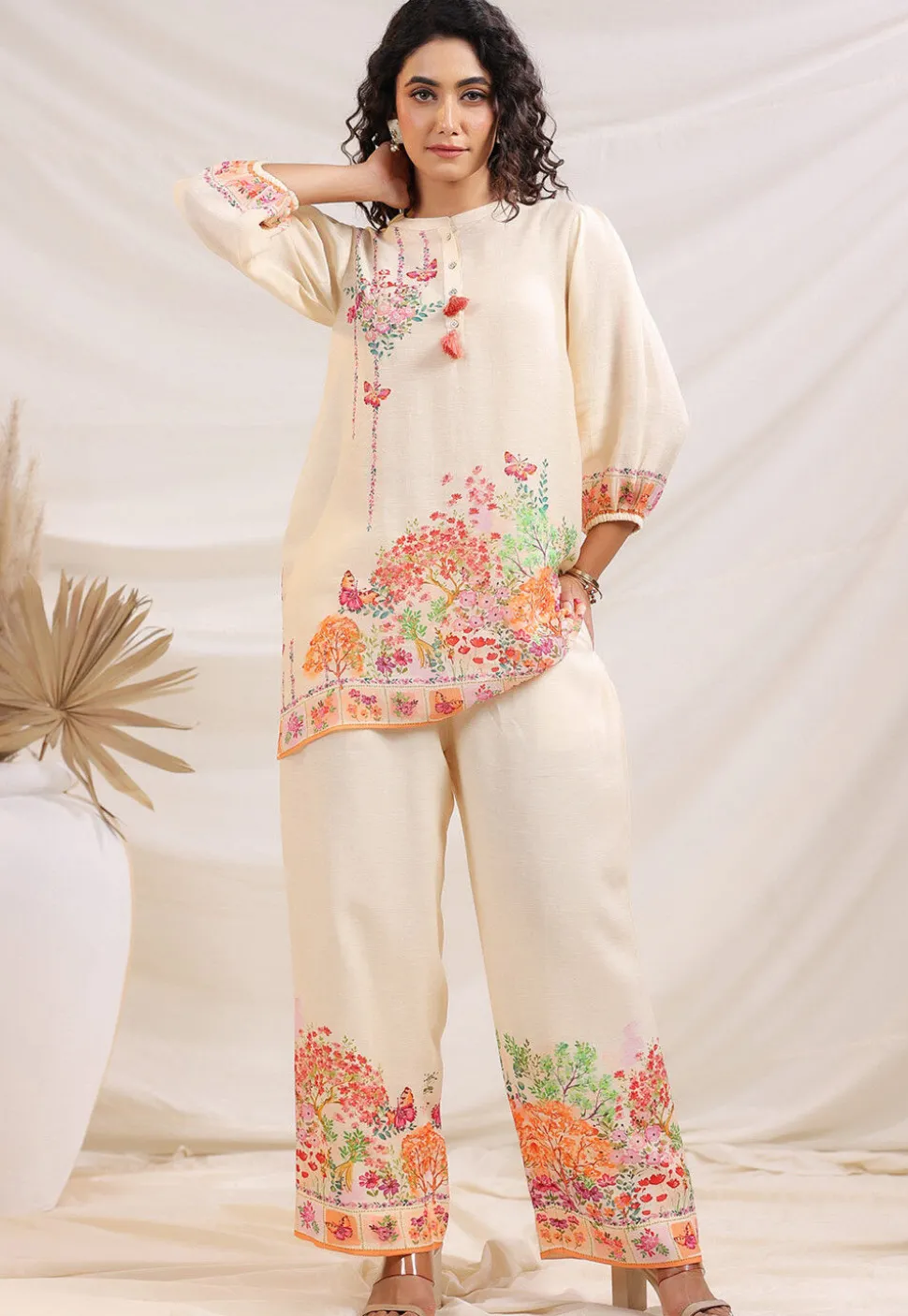 Digital Printed Linen Silk Top Set in Off White