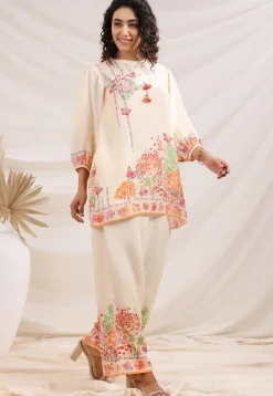 Digital Printed Linen Silk Top Set in Off White