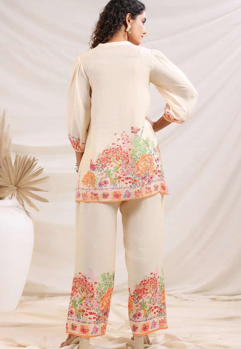 Digital Printed Linen Silk Top Set in Off White