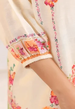 Digital Printed Linen Silk Top Set in Off White
