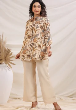 Digital Printed Linen Silk Top Set in Cream