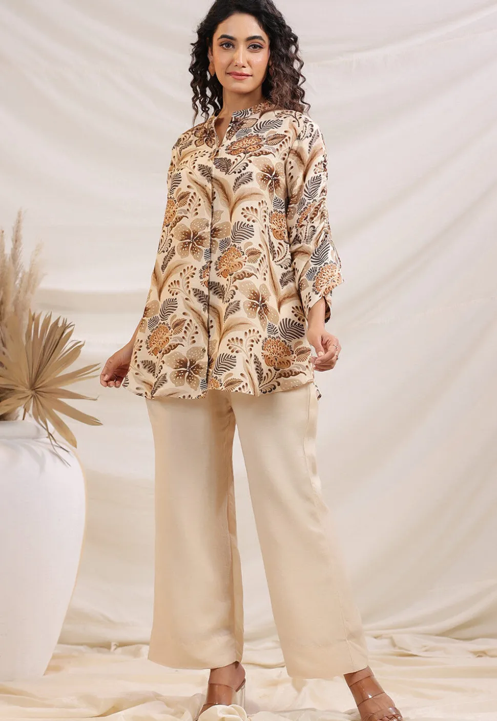 Digital Printed Linen Silk Top Set in Cream