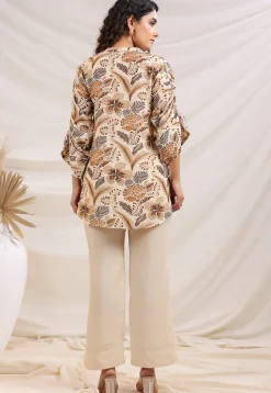 Digital Printed Linen Silk Top Set in Cream