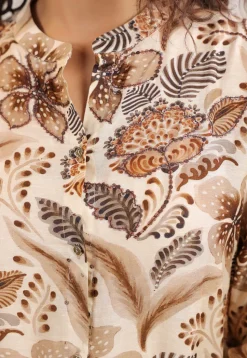 Digital Printed Linen Silk Top Set in Cream
