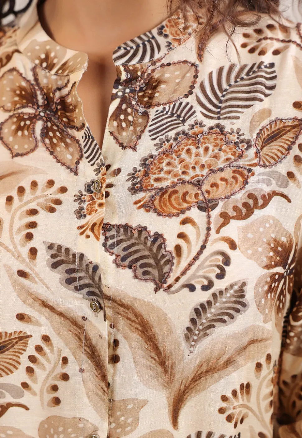 Digital Printed Linen Silk Top Set in Cream