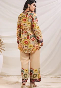 Digital Printed Linen Silk Top Set in Light Beige