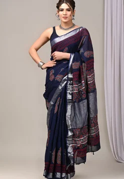 Digital Printed Linen Silk Saree in Dark Blue