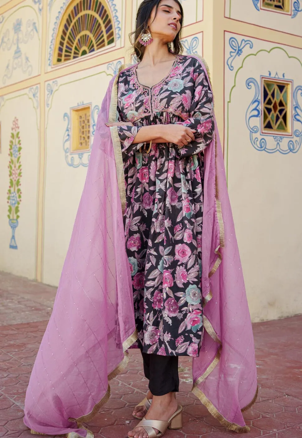Digital Printed Modal Muslin Pakistani Suit in Black