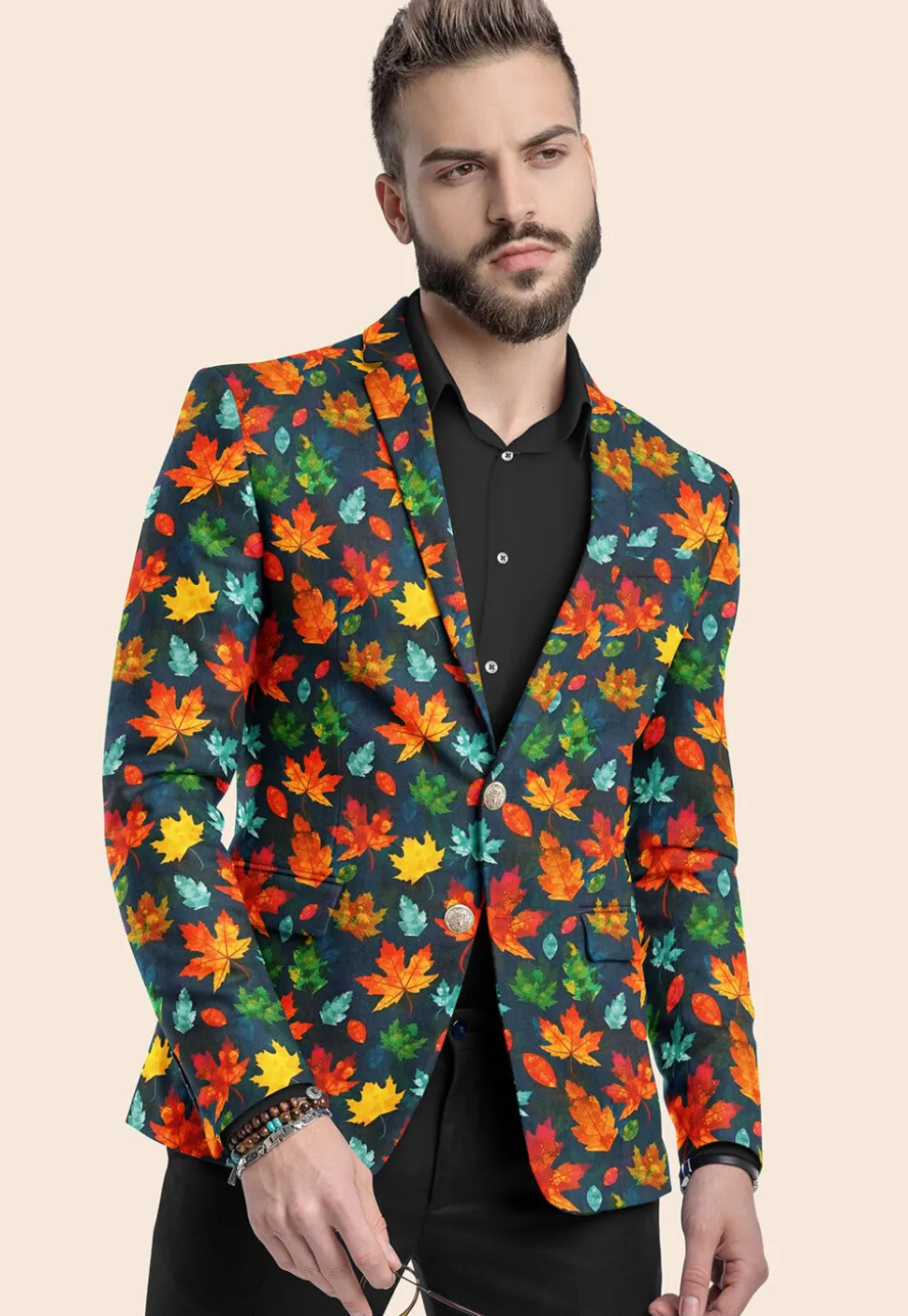 Digital Printed Modal Satin Blazer in Navy Blue