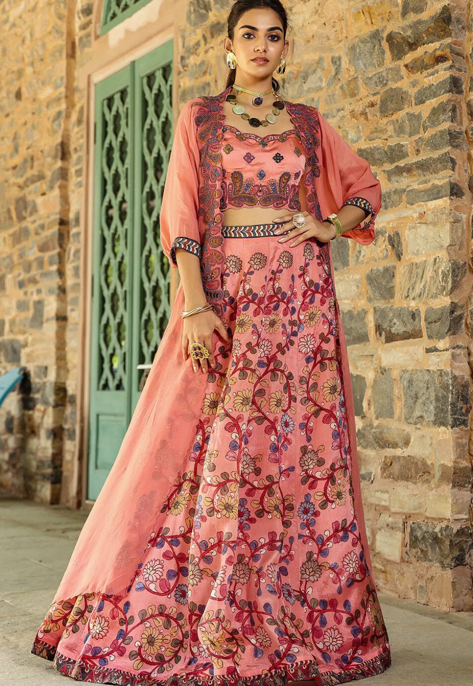 Digital Printed Modal Satin Crop Top Set in Old Rose