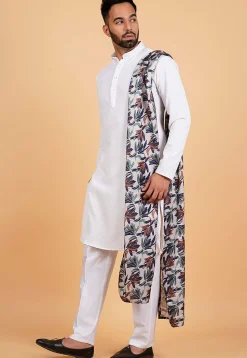Digital Printed Modal Satin Men Dupatta in Multicolor and Off White